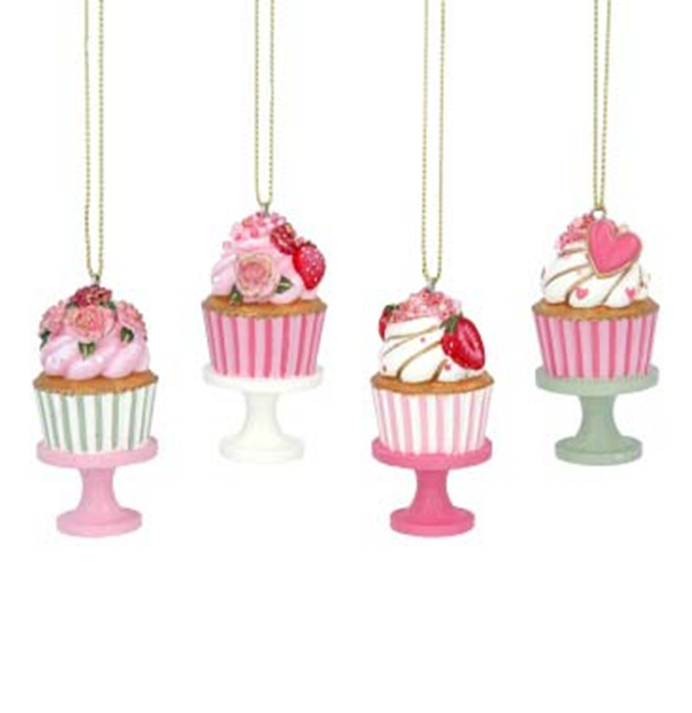 4 Asst&#39;d painted resin cupcakes on stands ornaments, 2.5 in  12      