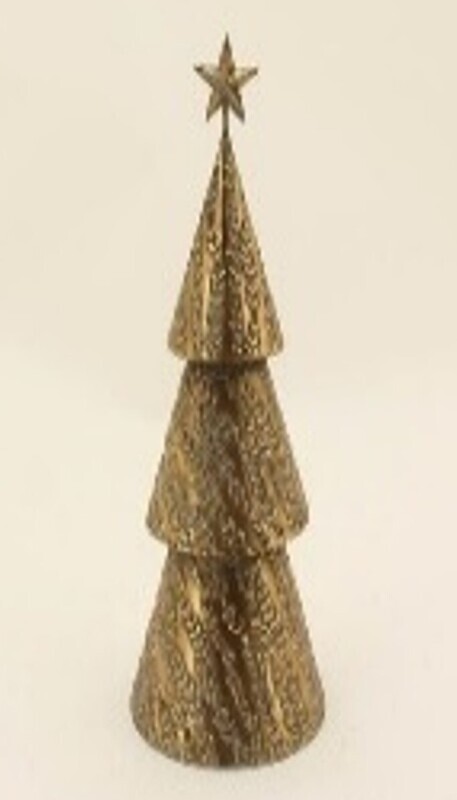 Antique gold tiered metal cone tree with embossed branch pattern, star top, 16 in  2            