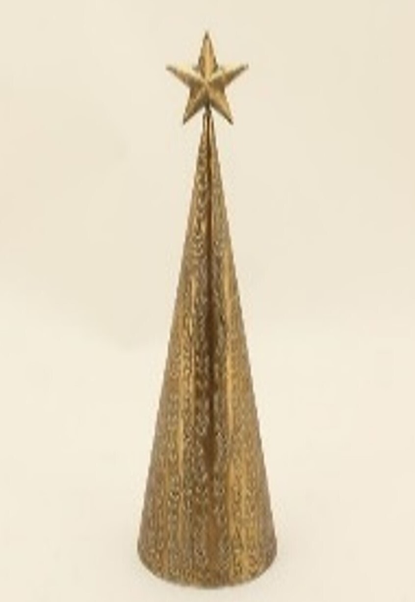 Antique gold metal cone tree, embossed branch pattern star top, 15 in  2   