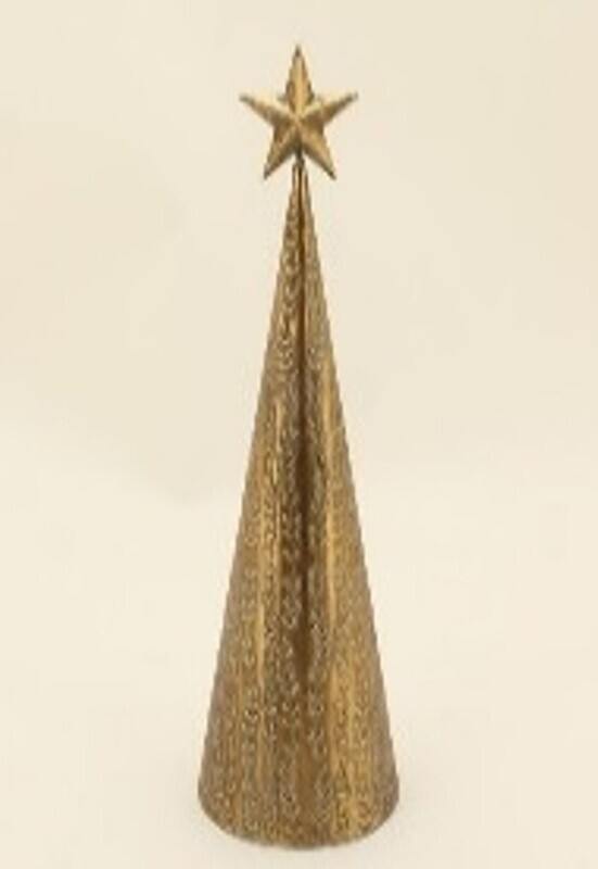 Antique gold metal cone tree, embossed branch pattern star top, 15 in  2   