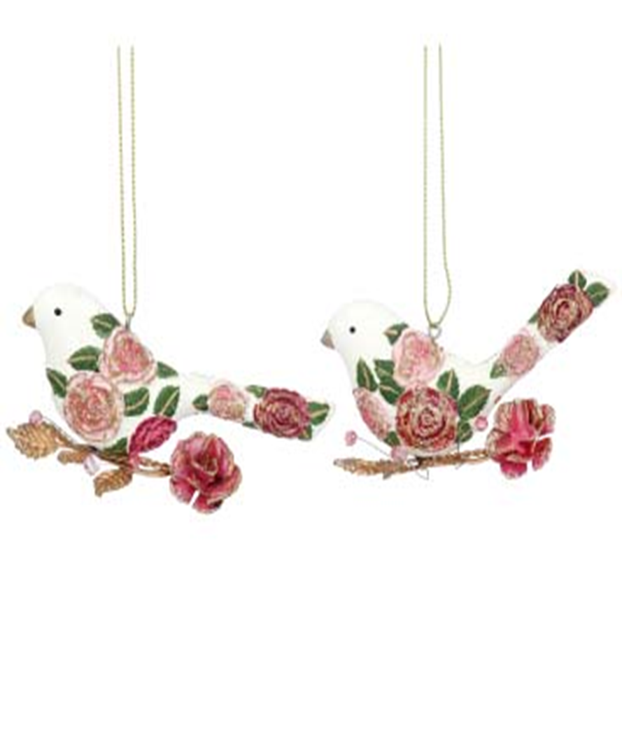 2 Asst&#39;d painted resin bird ornaments with rose pattern and embossed metal rose base, 3.5 in  12      