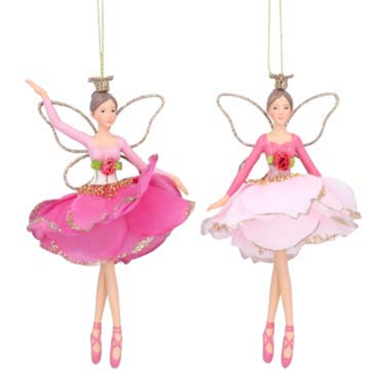 2 Asst'd Rose fairy ballerina ornaments, pink petal skirts, 6  in  6            