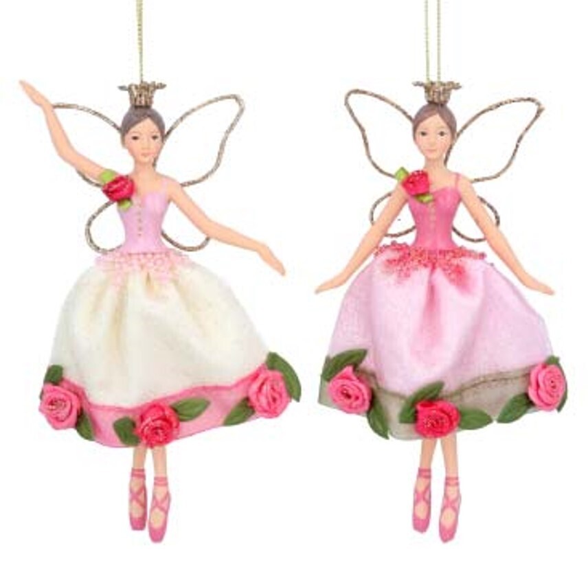 2 Asst&#39;d Rose fairy ballerina ornaments, cream and pink skirts with floral trim, 7.5 in  6      
