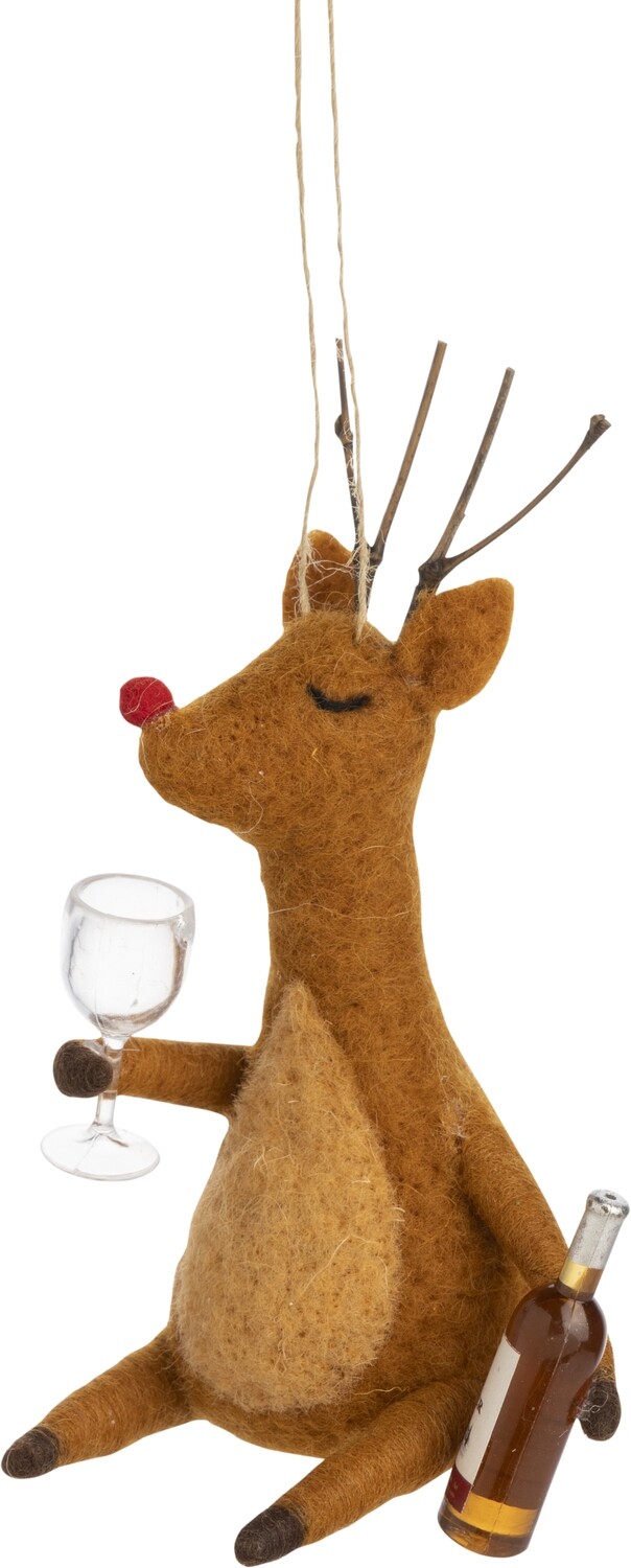 Felt reindeer with white wine and glass, 5 in  6      