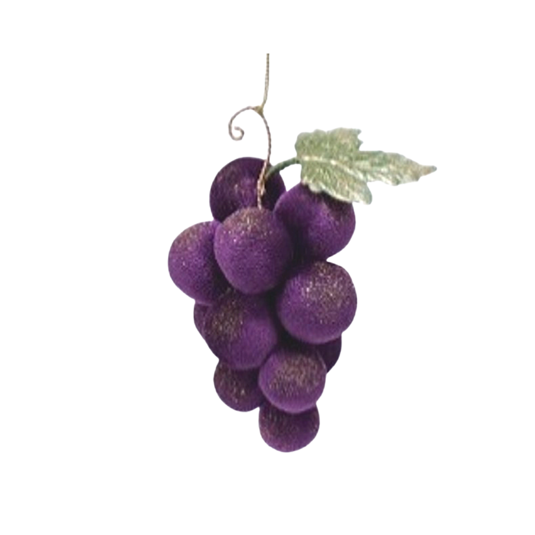 Velvet grape cluster ornament with twisted metal stem and fabric leaf ornament, 6 in  6            