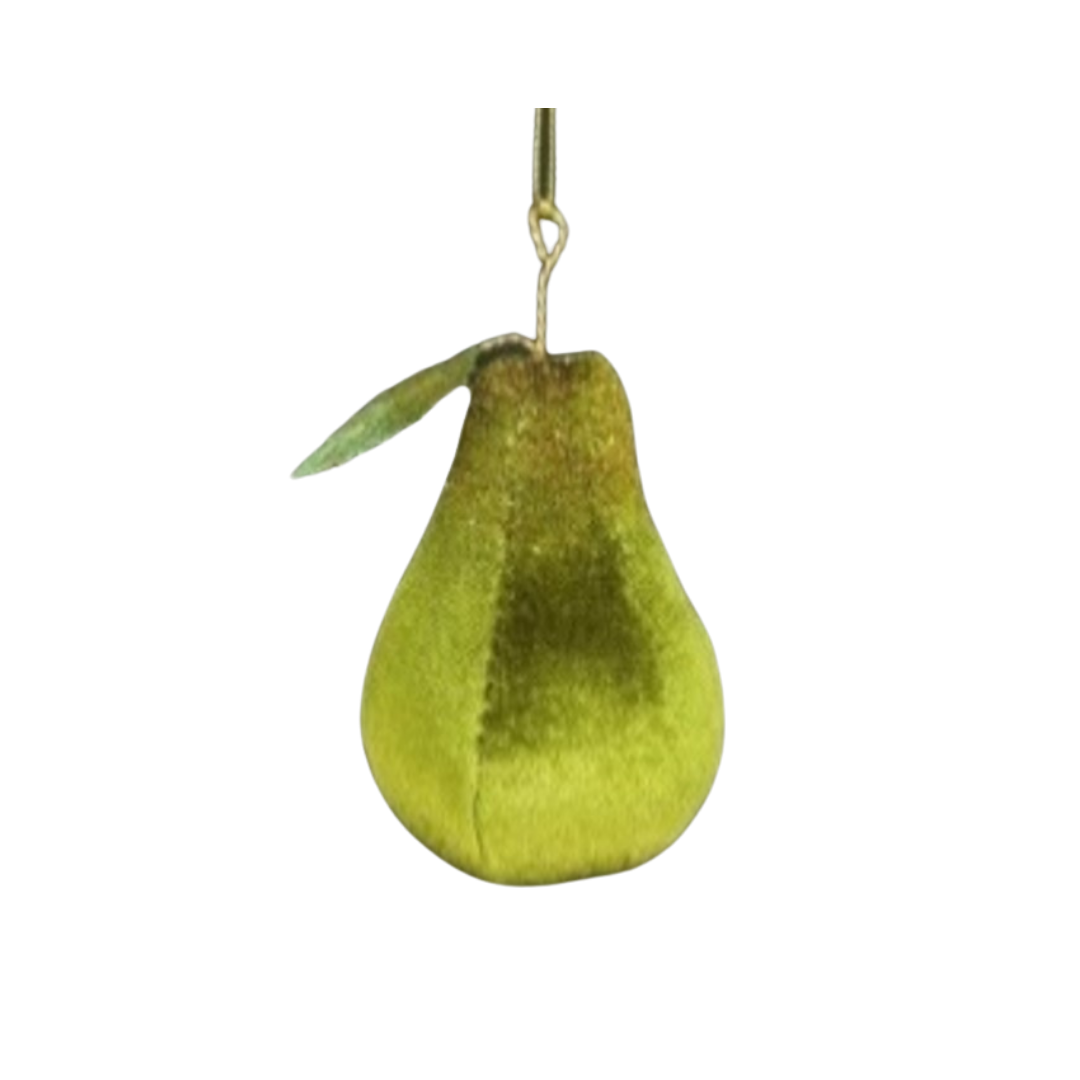 Velvet pear ornament with twisted metal stem and fabric leaf ornament 3 in  6            