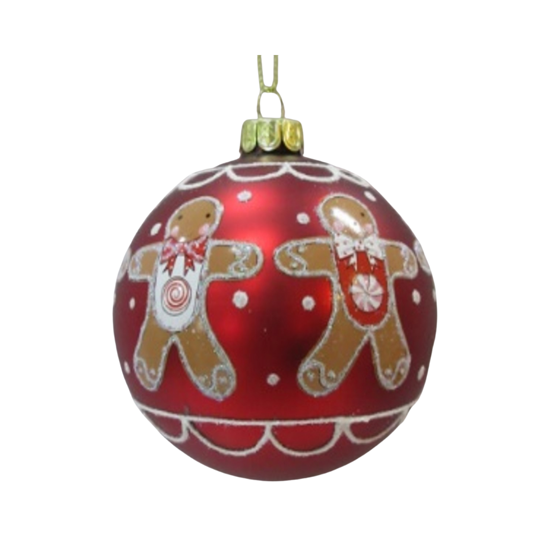 Glass ball ornament, matte red with gingerbread man pattern, 80mm/3 in  12      