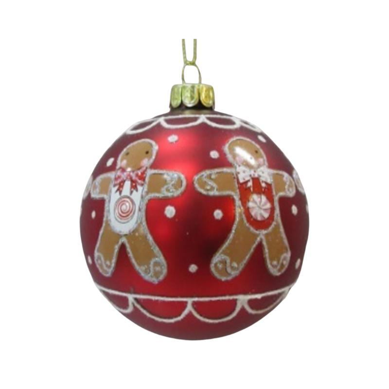 Glass ball ornament, matte red with gingerbread man pattern, 80mm/3 in  12      