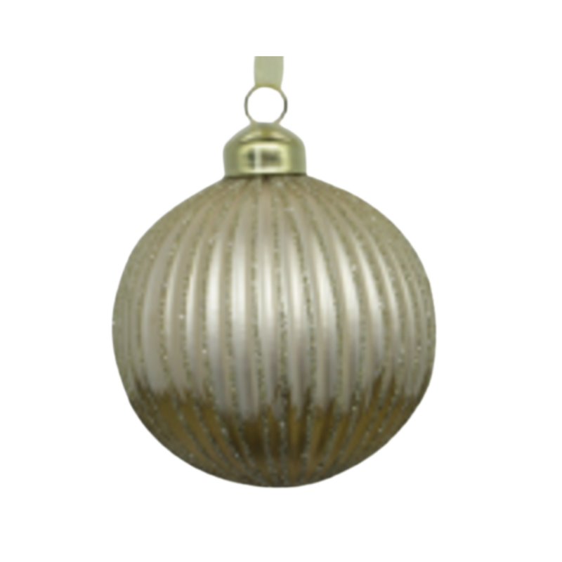 Fluted glass ball ornament, pale matte gold with gold foil bottom and gold glitter bands, 80mm/3 in  12            