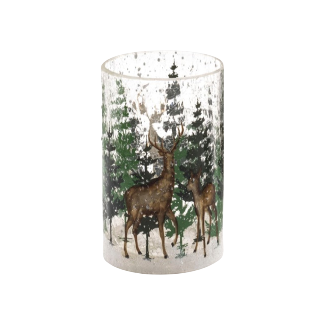 Glass holder table piece, deer in forest scene on frosted background, 4 in  6