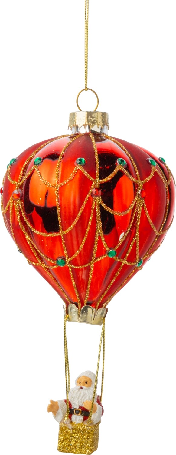 Glass hot air balloon ornament with glitter resin basket and resin Santa, 5.5 in  6      