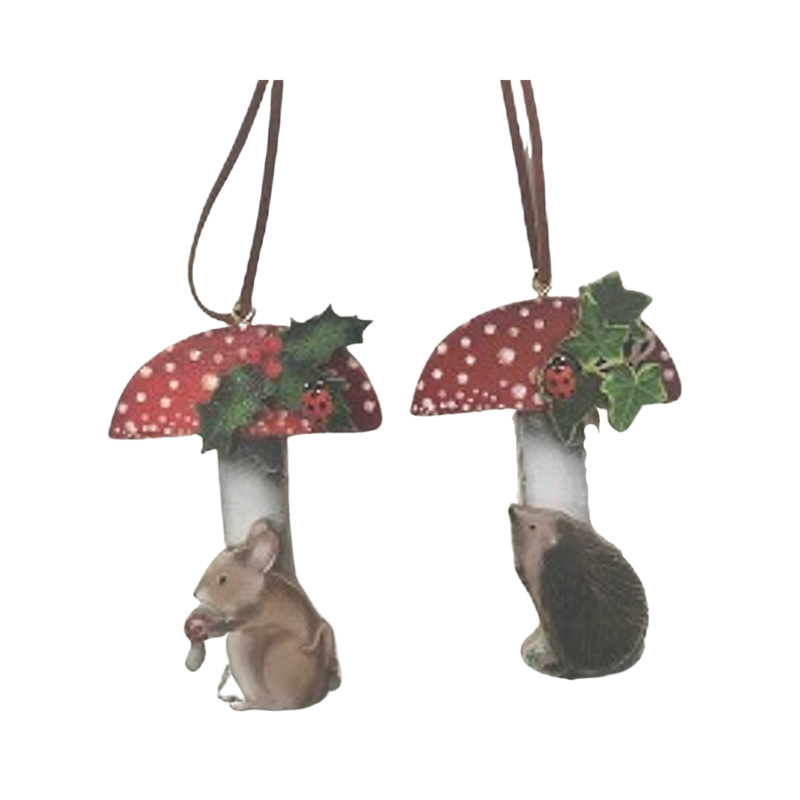 2 Asst&#39;d printed wood ornaments, mushroom, mouse and hedgehog, fold edge and 2-sided, 3 in  24            