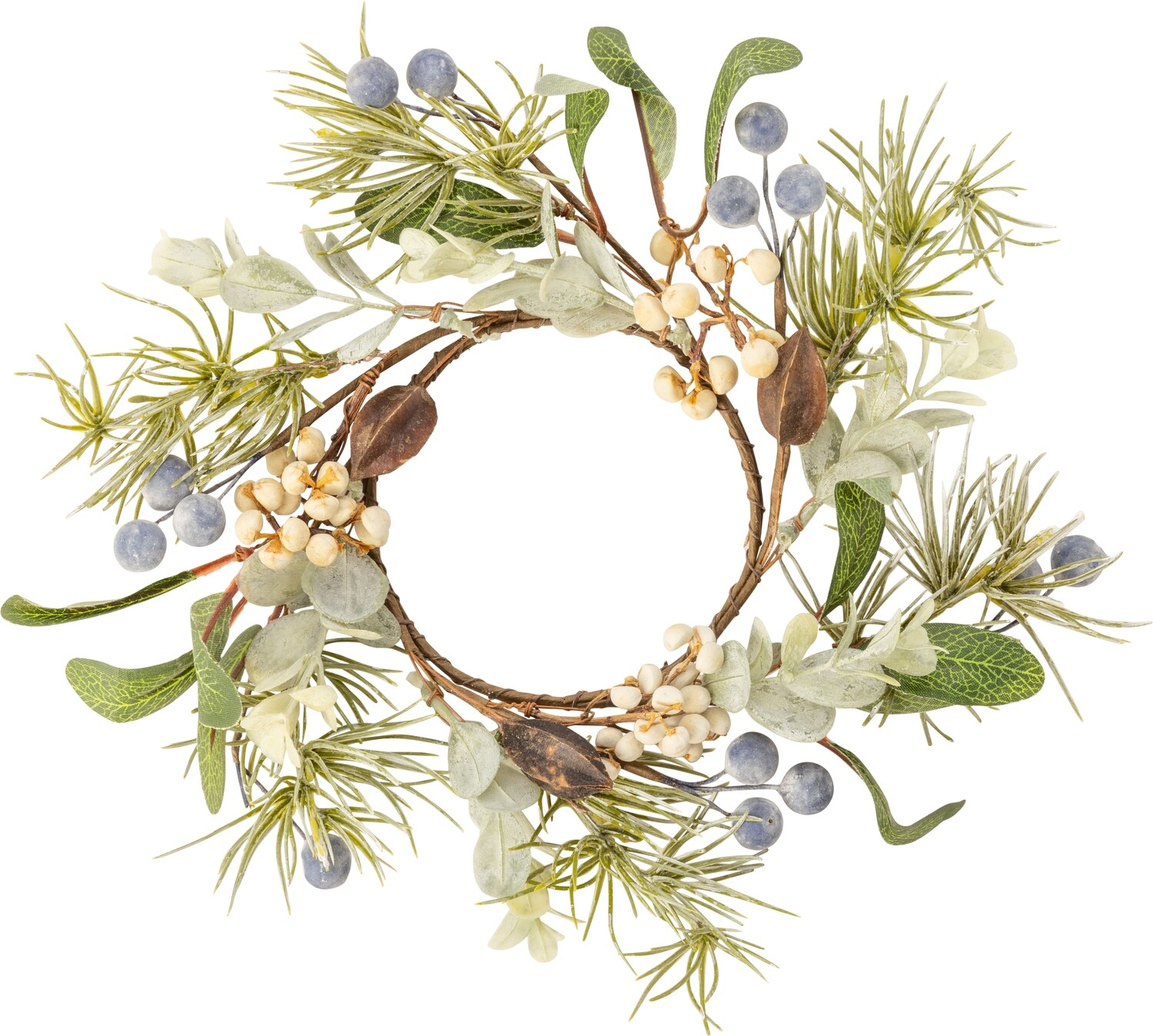Small candle ring. Small blue berries with greenery and cream colour accents, 3.5 in inner, 7 in total  12