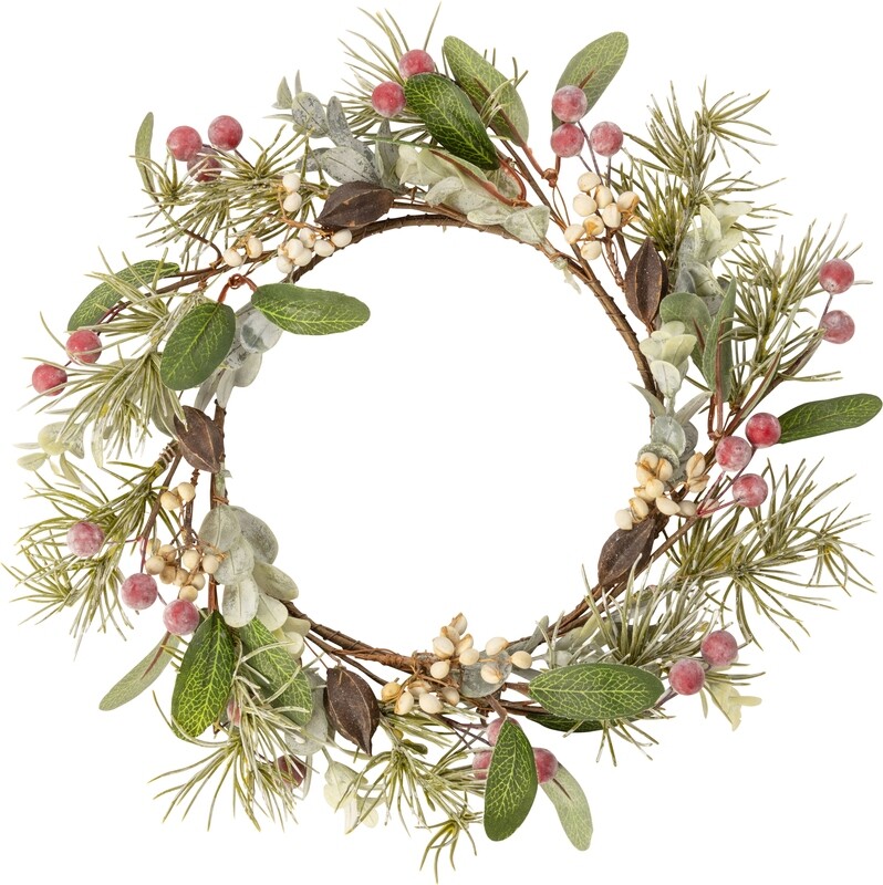 Medium size candle ring. Small red berries with greenery and cream colour accents, 5.9 in inner, 9.8 in total  6