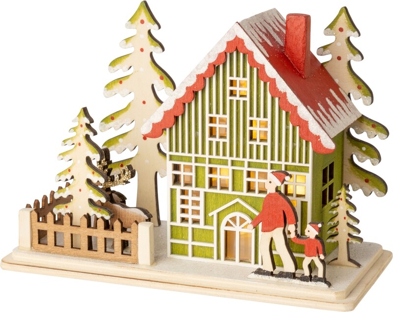 Painted green and white house with fenced yard, man &amp; child, 7x5 in  2            