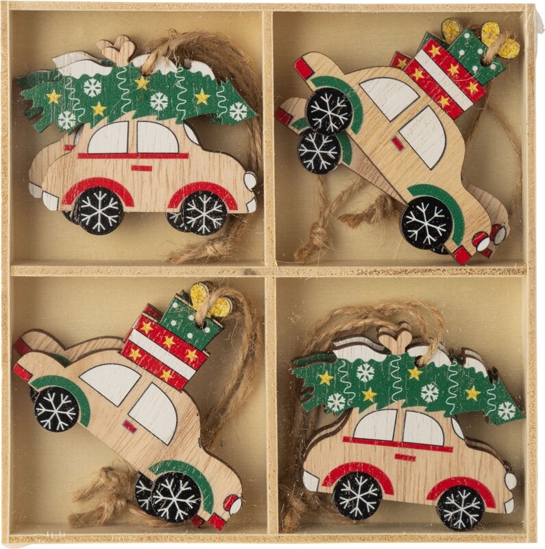 Set of 8 painted wood mini car decorations, each, 2 in  6            
