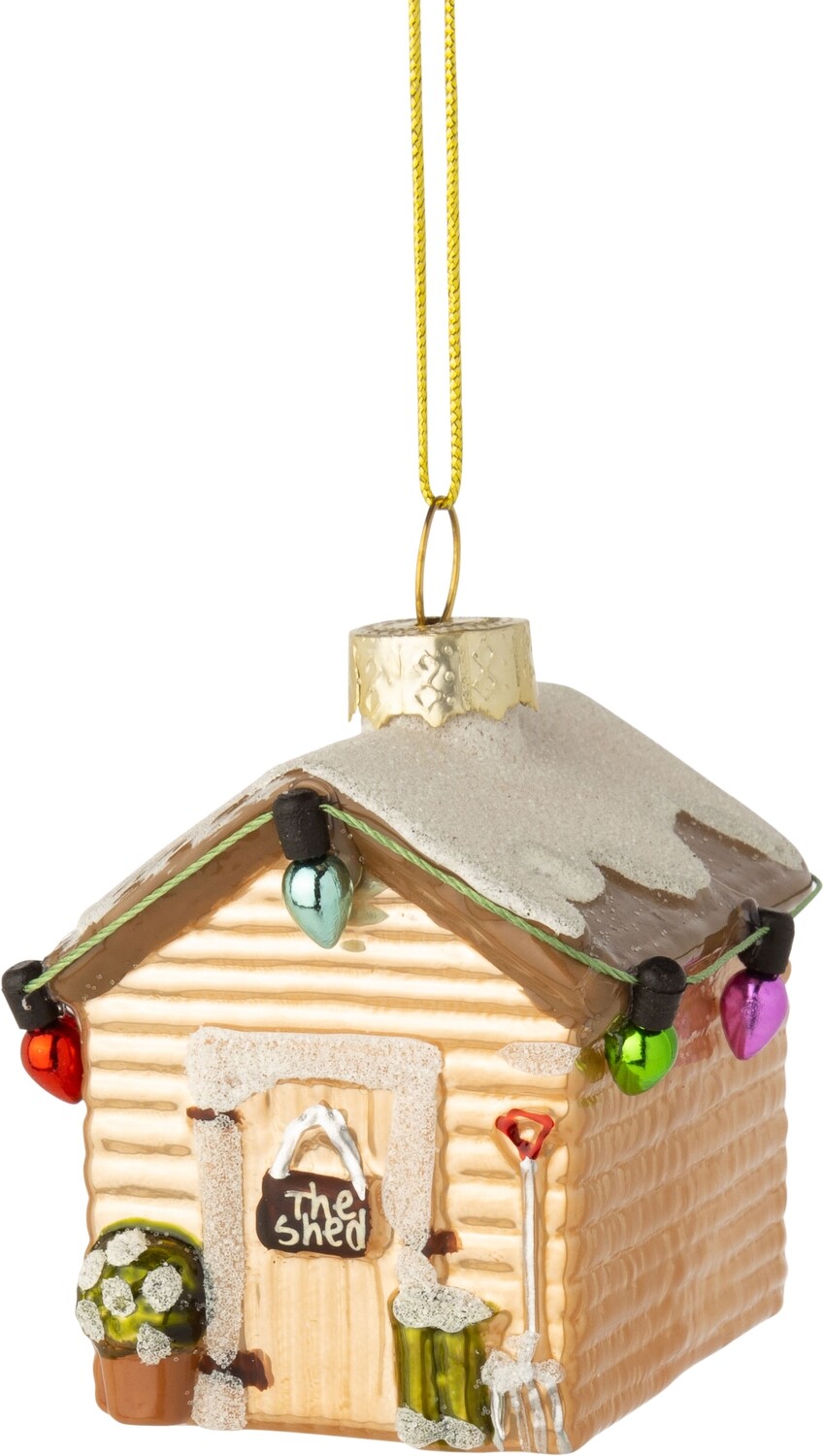 Mini glass garden shed ornament, shiny finish with snow glittered roof, 2 in  6      