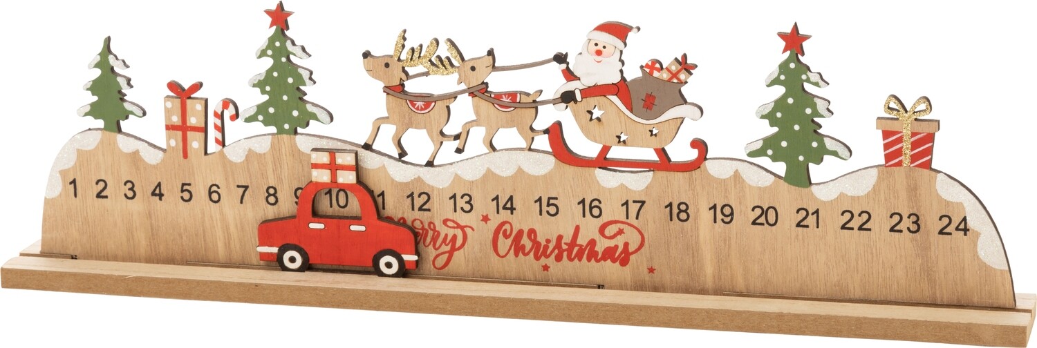 Printed wood advent calendar, Santa sleigh scene with movable car date marker, 17 in  6            