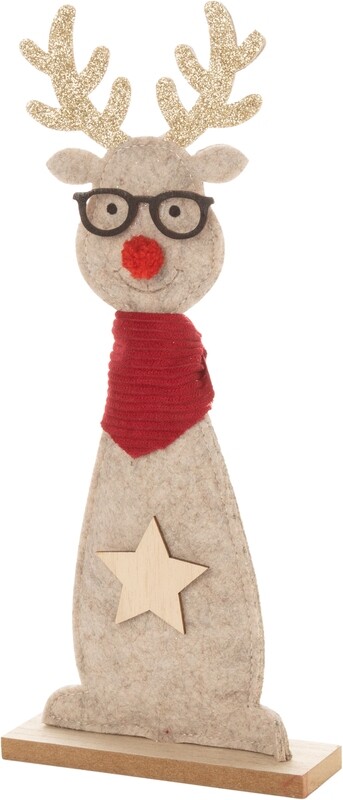 Felt reindeer with glasses table top decoration, beige with red scarf and nose, 12 in  6            