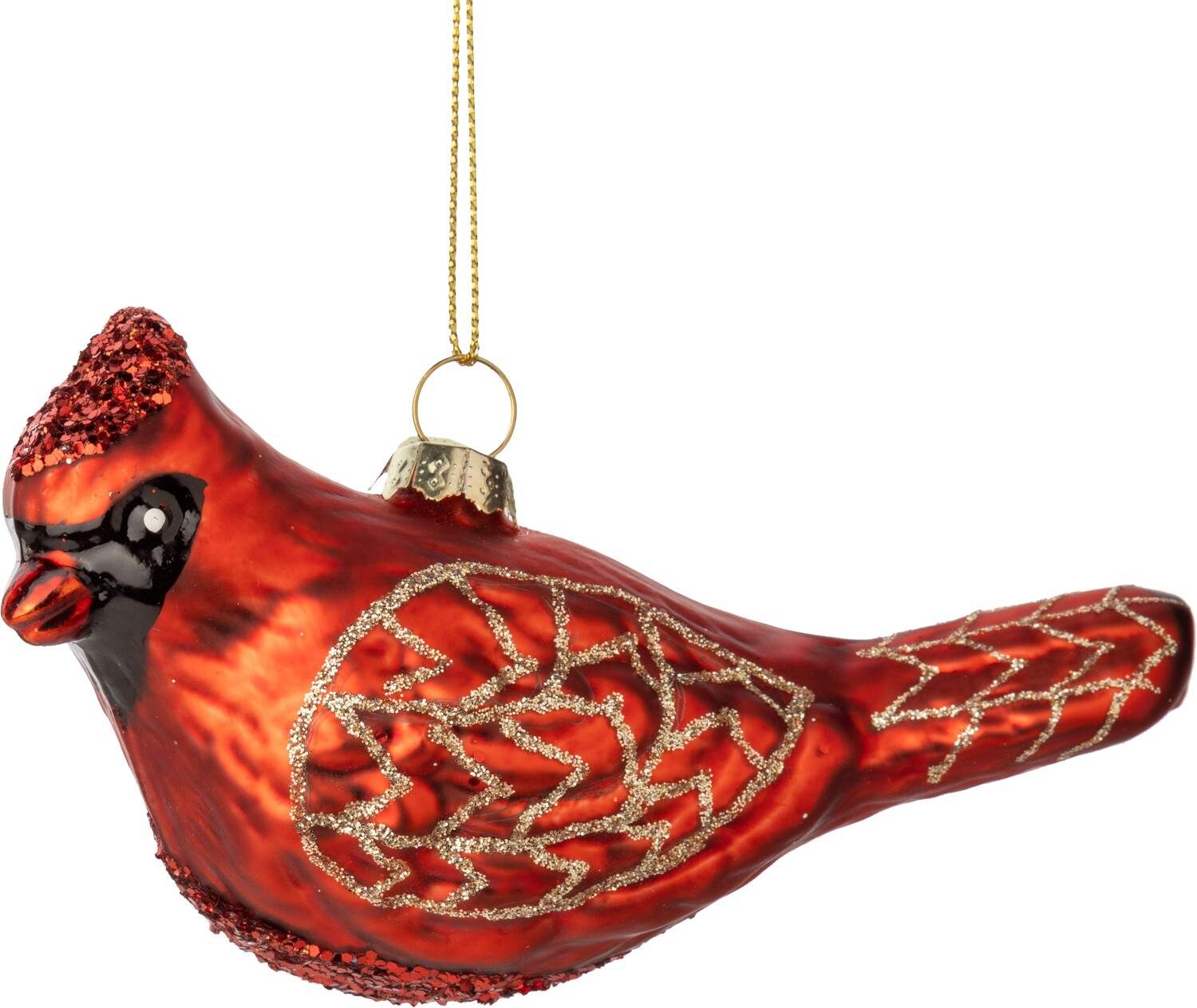 Glass cardinal ornament, matte red with gold glitter trim, 5.5 in  12      