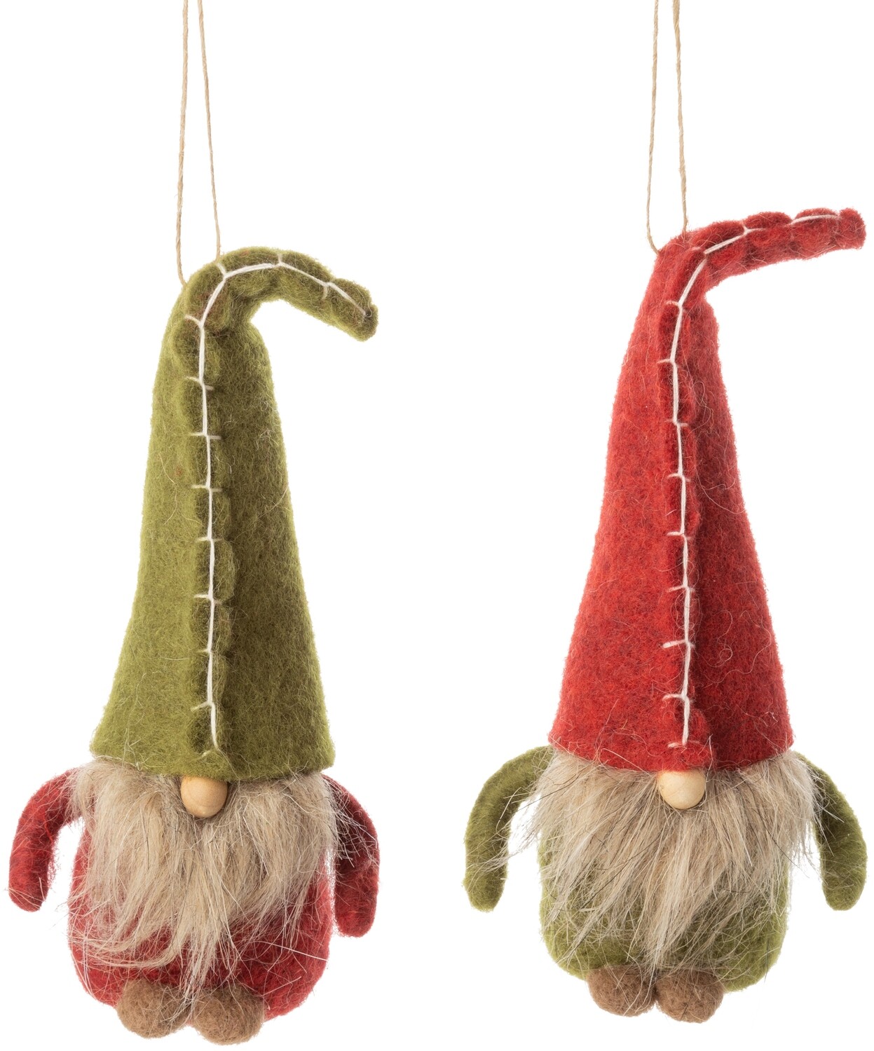 2 Asst&#39;d felt gnome ornaments with plush beards and stitched hats, 5.5 in  8            