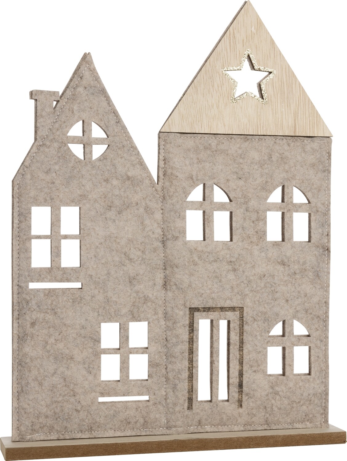 Felt house table top decoration on wood base with wood top and glittered star detail, 12 in  6            