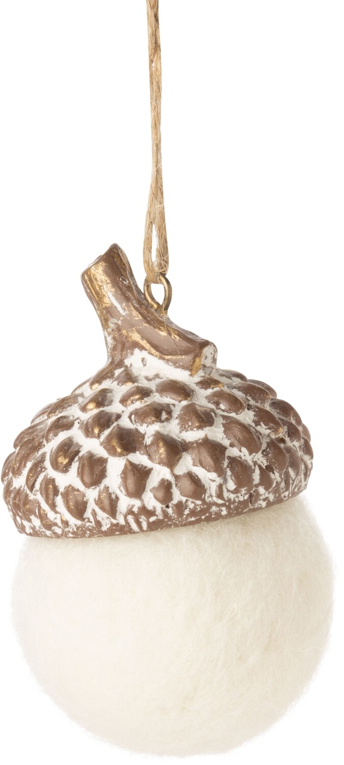 Wool acorn with molded resin top ornament, off white with white wash finish, 2.75 in  24      