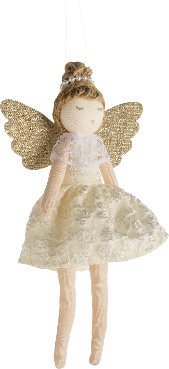 Angel in cream lace dress, champagne gold  wings, 6.75 in  12            