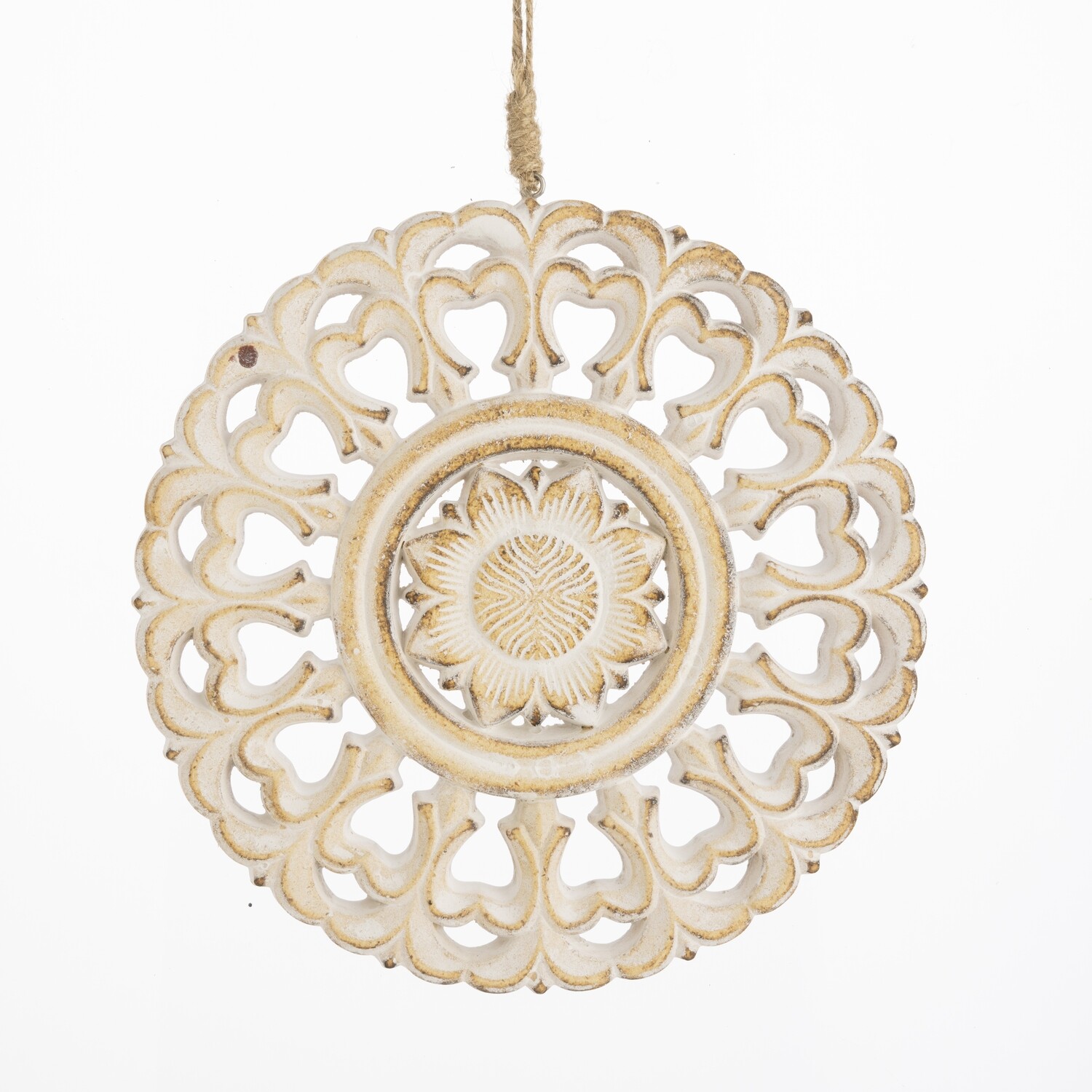 Pressed wood mandala ornament or wall decoration, white wash finish, 12 in  12            