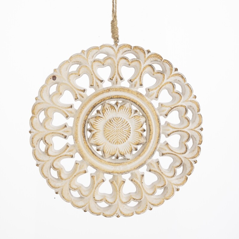 Pressed wood mandala ornament or wall decoration, white wash finish, 12 in  12            