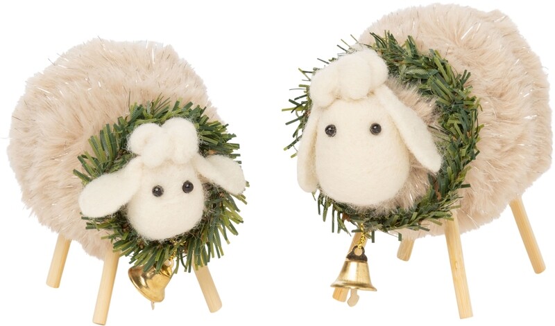 Set of 2 plush sheep table top decorations, wreath and bell decorations, 3.5+4 in  4      