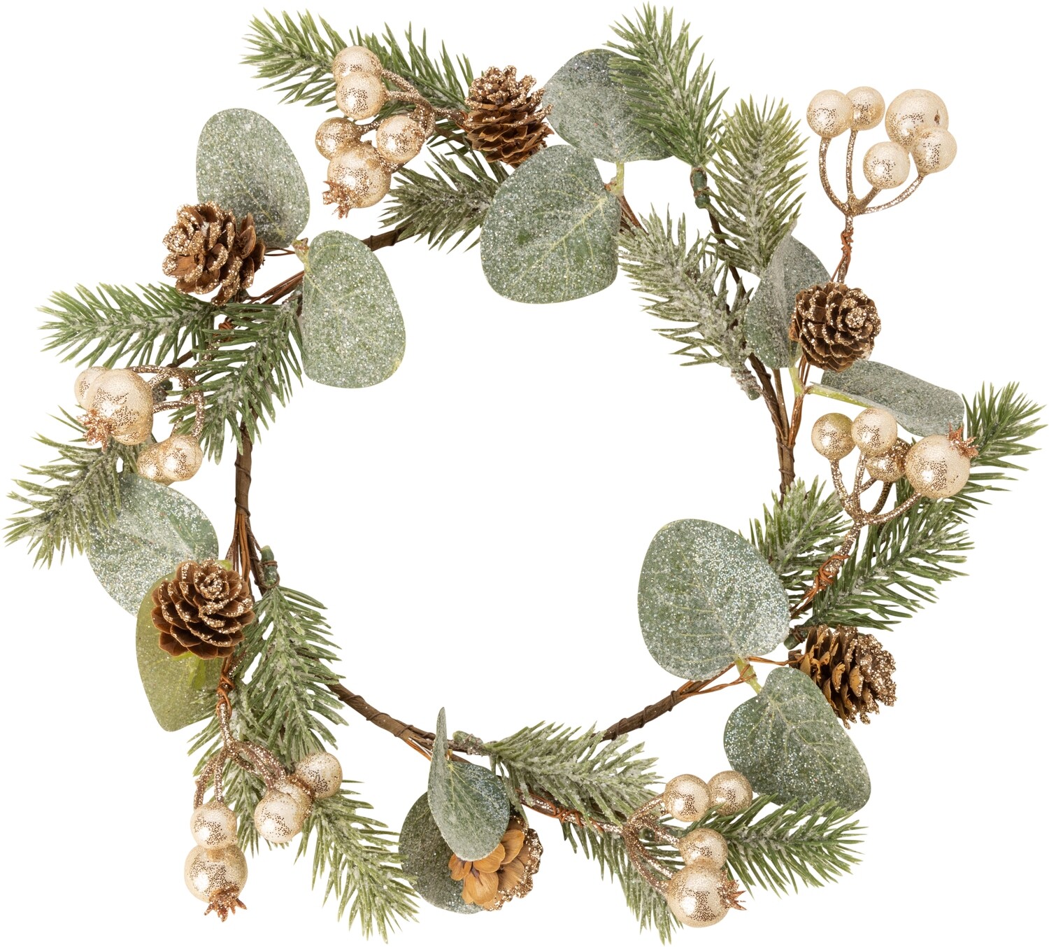 Medium size candle ring. Champagne gold berries, greenery and pine cones glittered, 5.9 in inner, 9.25 in total  6