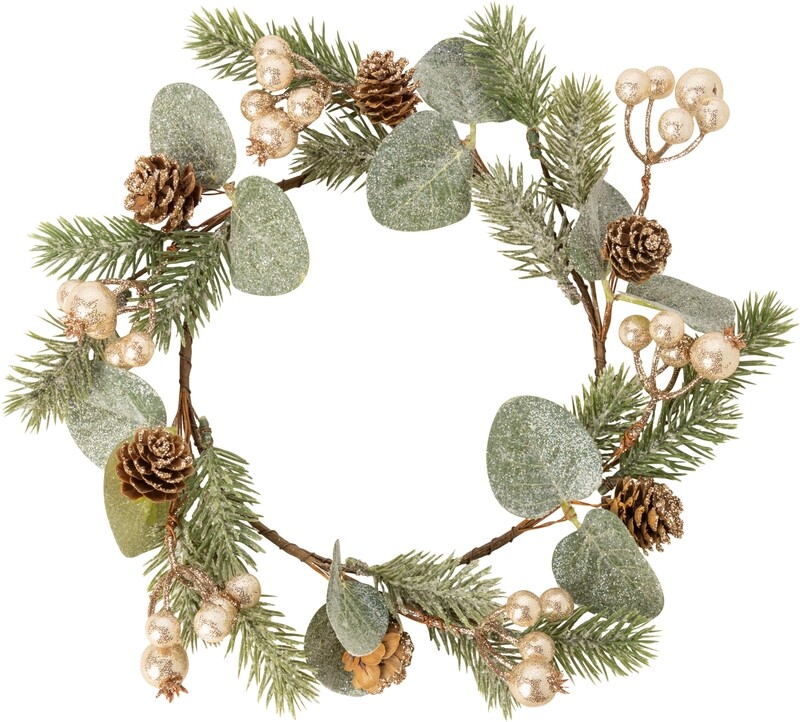 Medium size candle ring. Champagne gold berries, greenery and pine cones glittered, 5.9 in inner, 9.25 in total  6