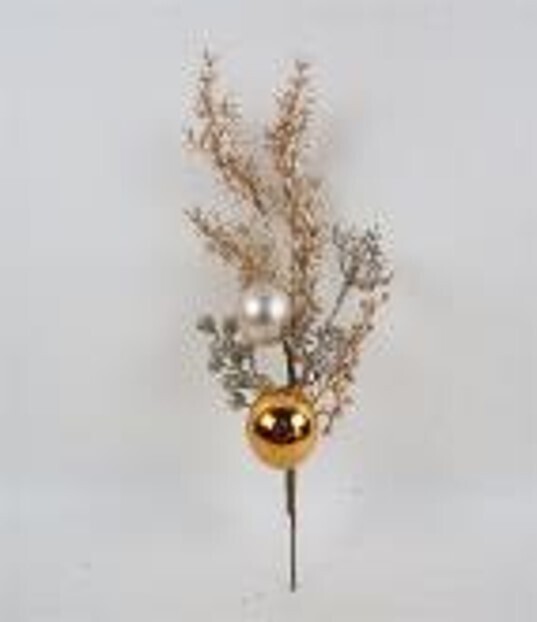 Champagne gold pick with matte and shiny plastic ornaments, 14 in  12