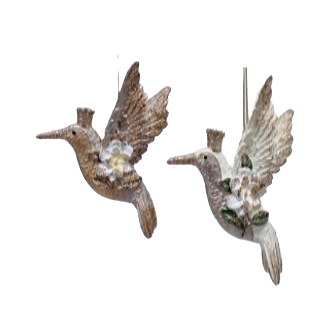 2 Asst&#39;d painted resin hummingbird ornaments, champagne gold and cream with magnolia pattern, 3 in  12      