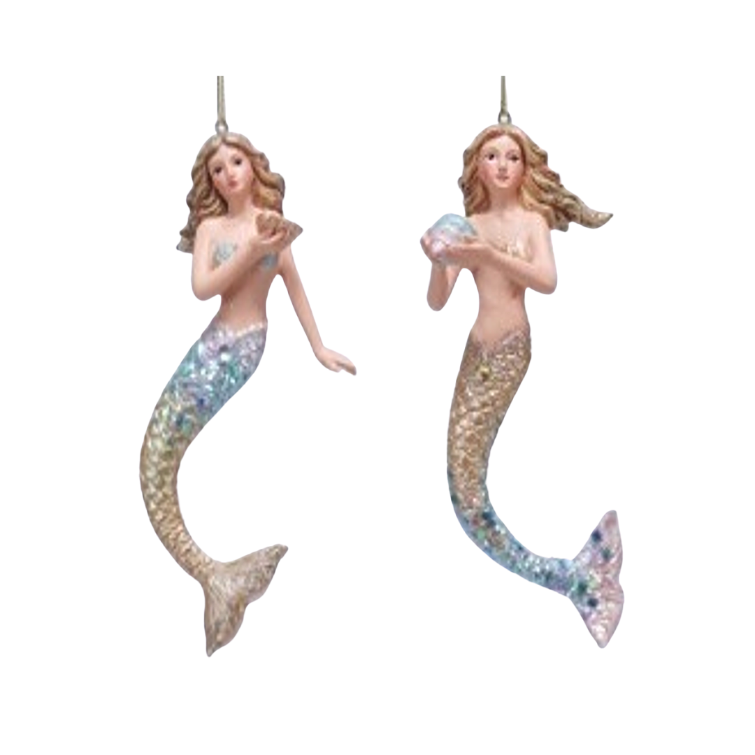 2 Asst&#39;d painted resin mermaid ornaments, 5 in  12      