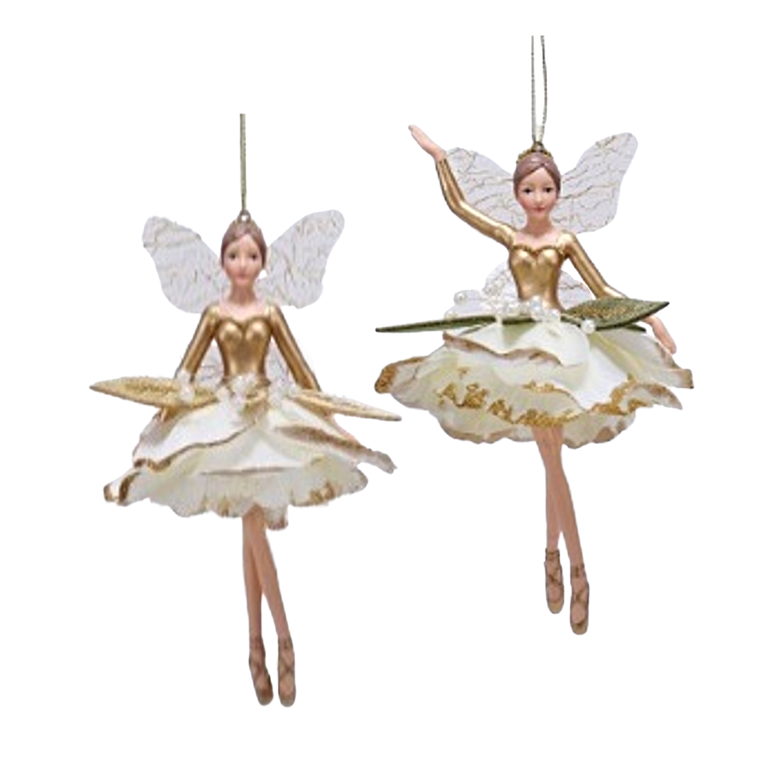2 Asst&#39;d fairy ornaments, cream petal skirts, taupe and green magnolia leave at waist, 5 in  6      