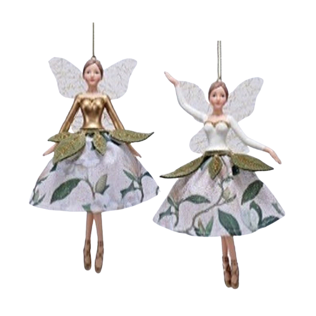 2 Asst&#39;d fairy ornaments, magnolia print skirts, green leaves at waist, 5 in  6      