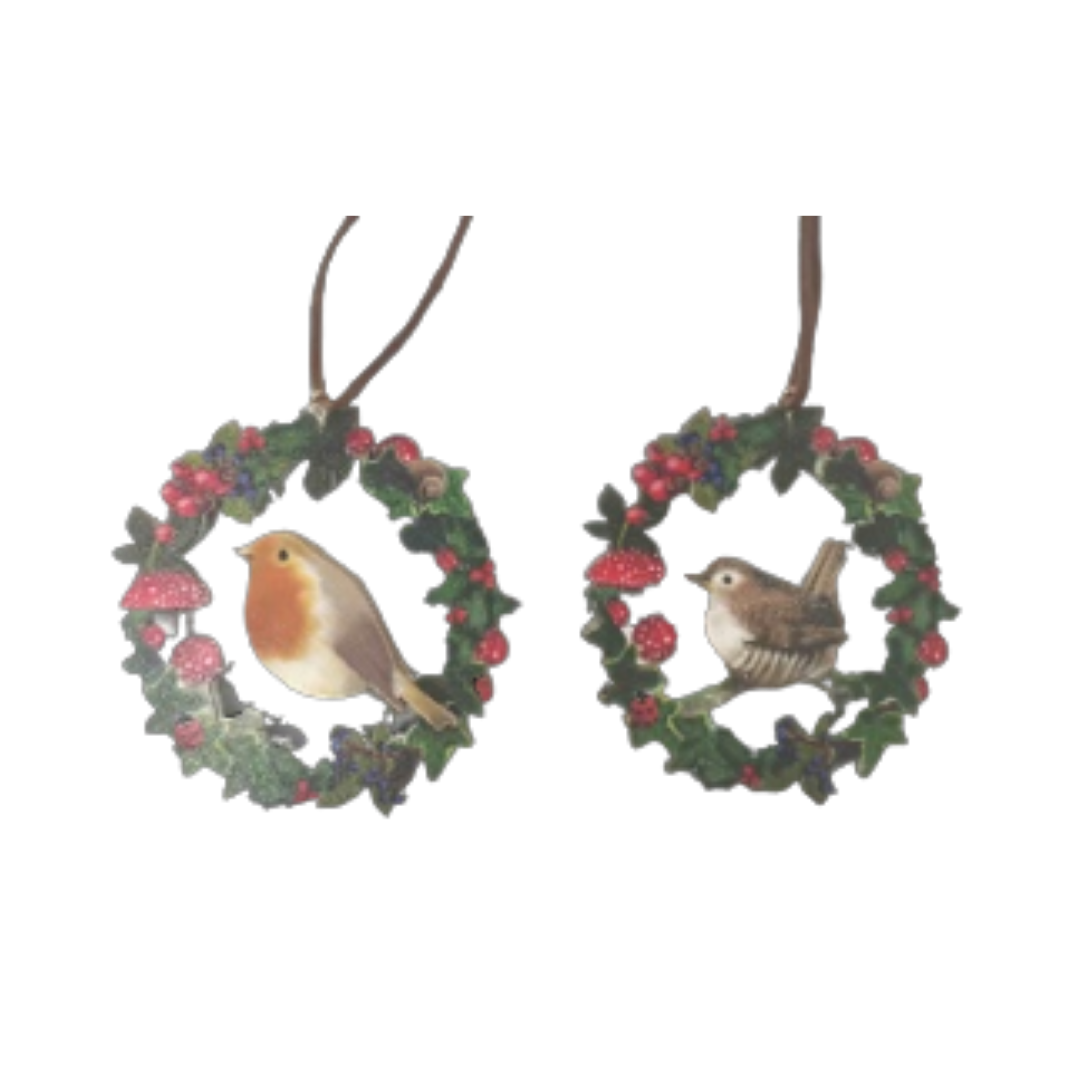 2 Asst&#39;d printed wood wreath ornament with birds, gold edge 2-sided, 3.5 in  24 