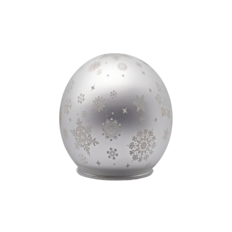 Glass sphere table piece, matte silver with snowflakes, 4 in  6