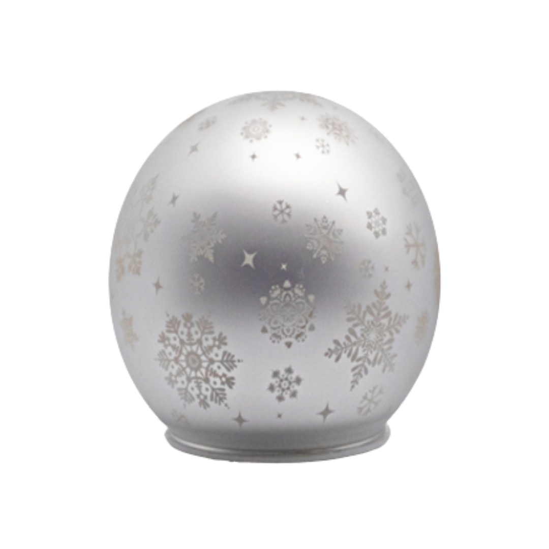Glass sphere table piece, matte silver with snowflakes, 6 in  4