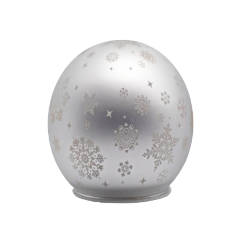 Glass sphere table piece, matte silver with snowflakes, 6 in  4