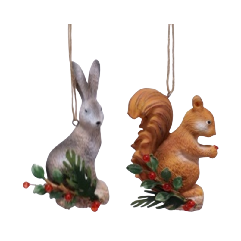 2 Asst&#39;d painted resin hare and squirrel on branch ornaments, 2.75 in  12            
