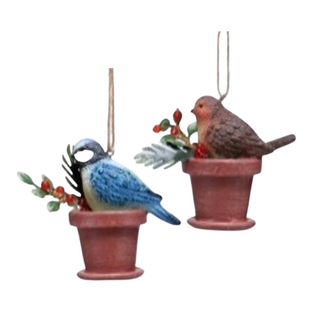 2 Asst&#39;d painted resin birds in flower pot ornaments, 2.75 in  12            
