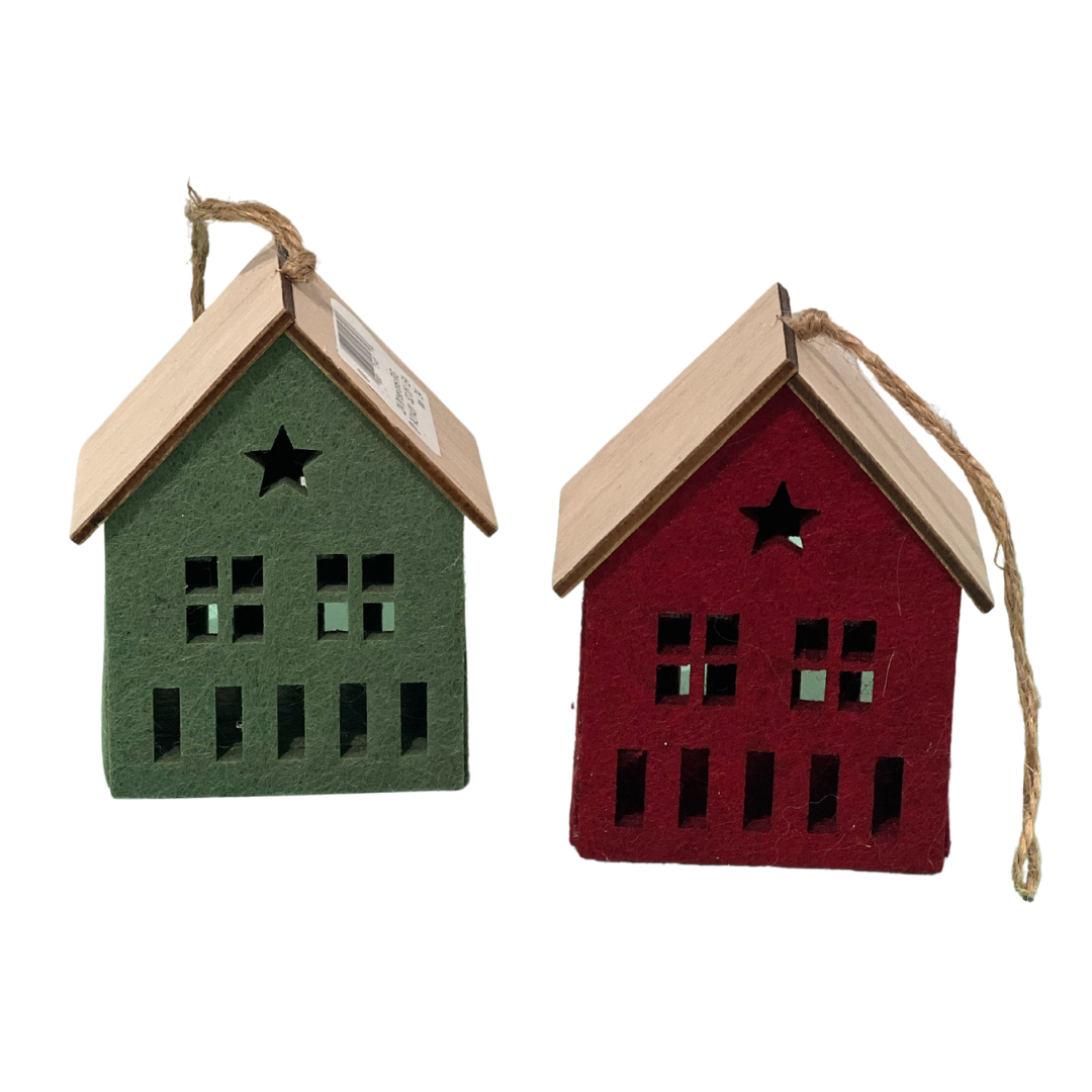2 Asst'd felt house ornaments red and green, 3.5 in            