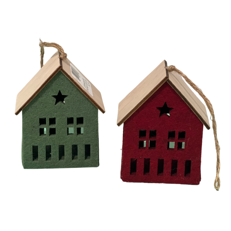 2 Asst&#39;d felt house ornaments red and green, 3.5 in            