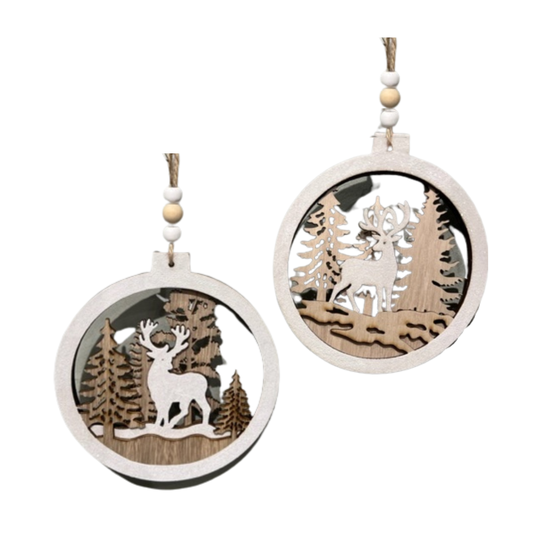 2 Asst&#39;d natural wood round ornaments with deer scenes, printed &amp; white glitter on both sides, 5 in   24            