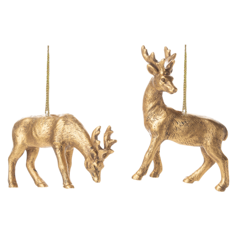 2 Asst&#39;d resin deer ornaments, antique gold finish, 3.5 in  24 -Z08 -25NP -S04/25