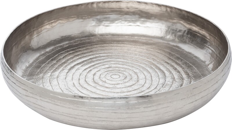Hammered aluminum round tray with raised sides, silver finish, 13 in dia  2           