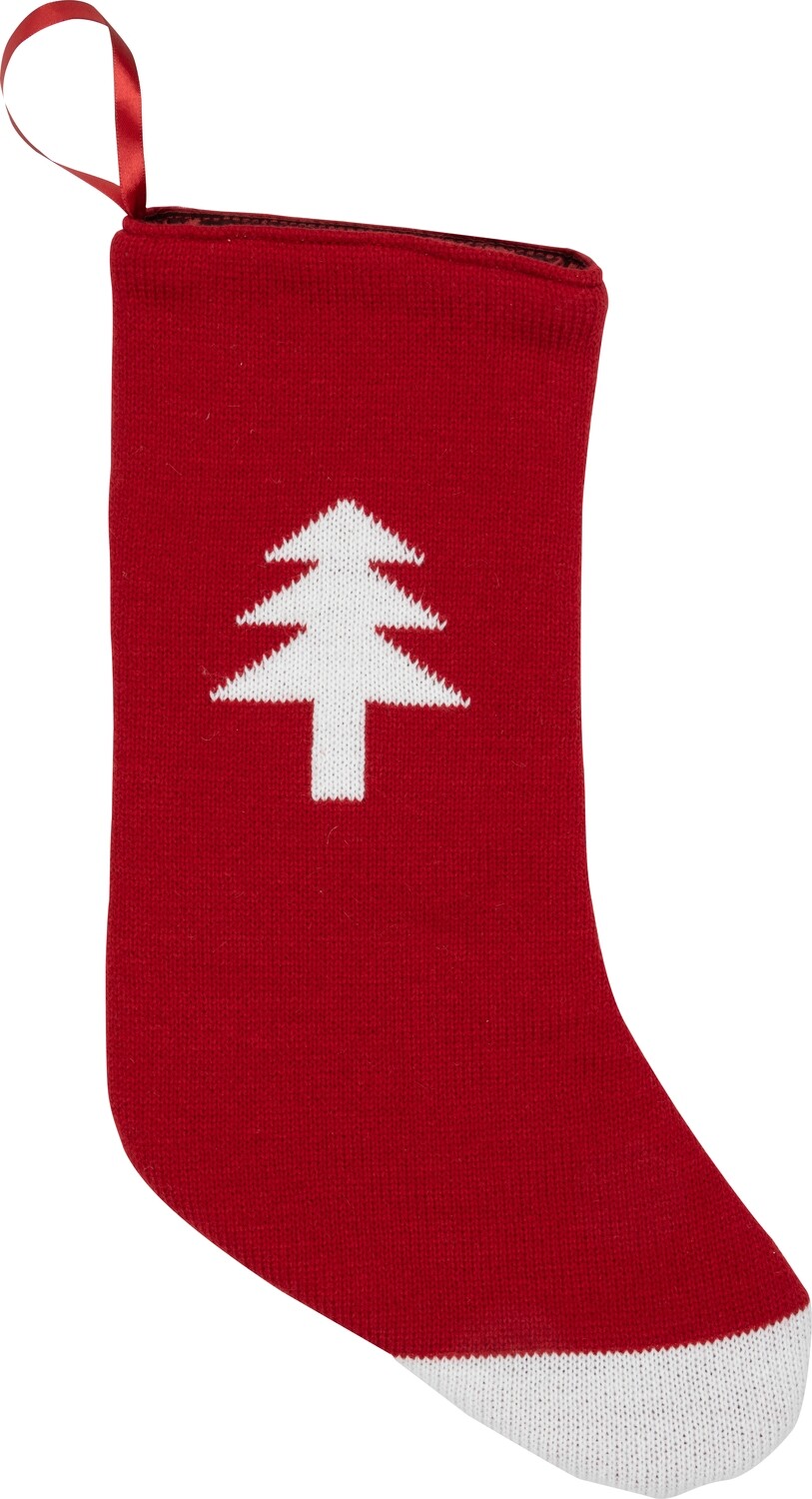 Red knit stocking with felt back, white tree and toe, loop for hanging, 18 in  6            